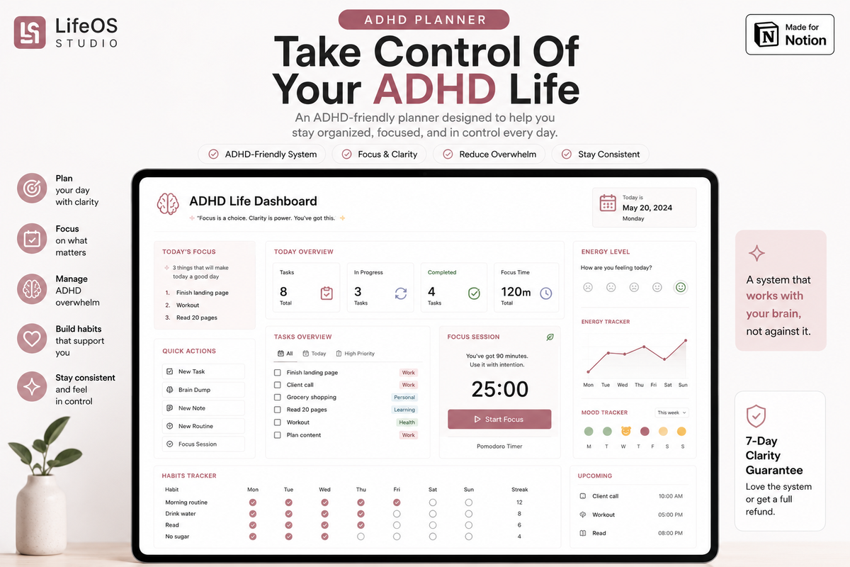ADHD Notion Planner – Productivity & Focus Template